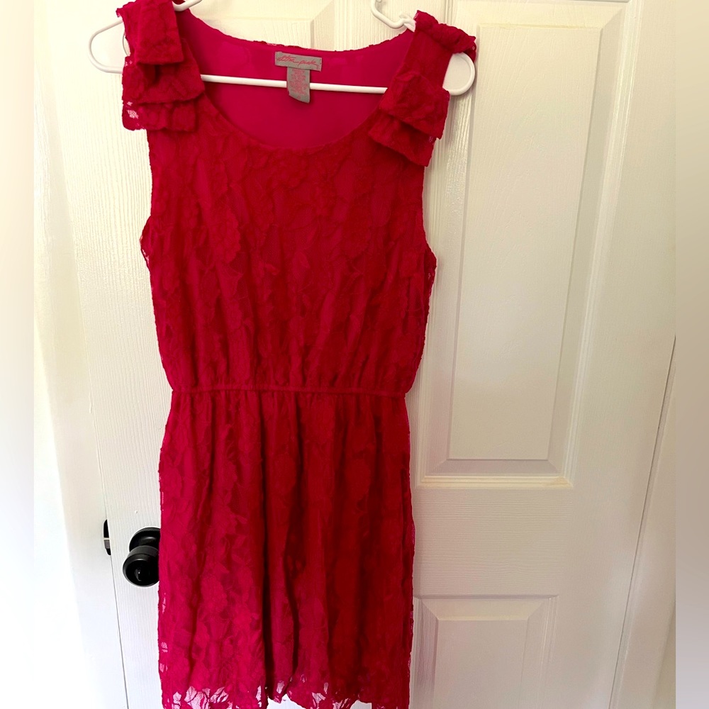 Bright pink lace dress with cute shoulder details